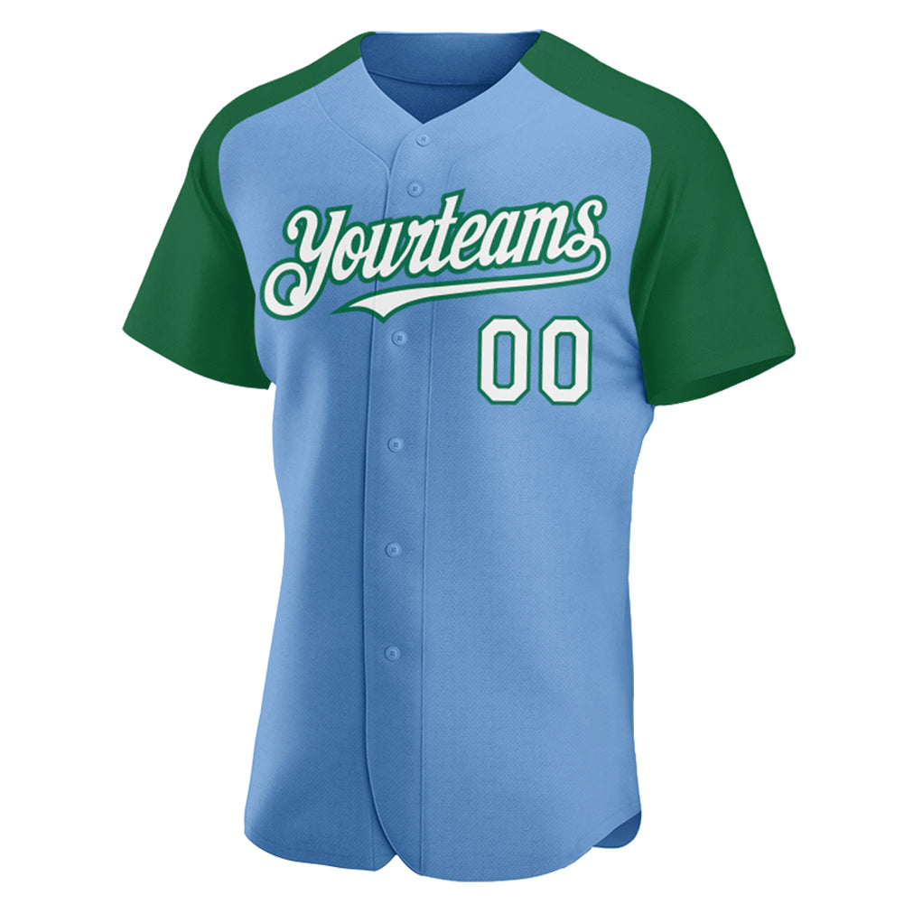 Custom Light Blue White-Kelly Green Authentic Raglan Sleeves Baseball Jersey - Sky-Custom