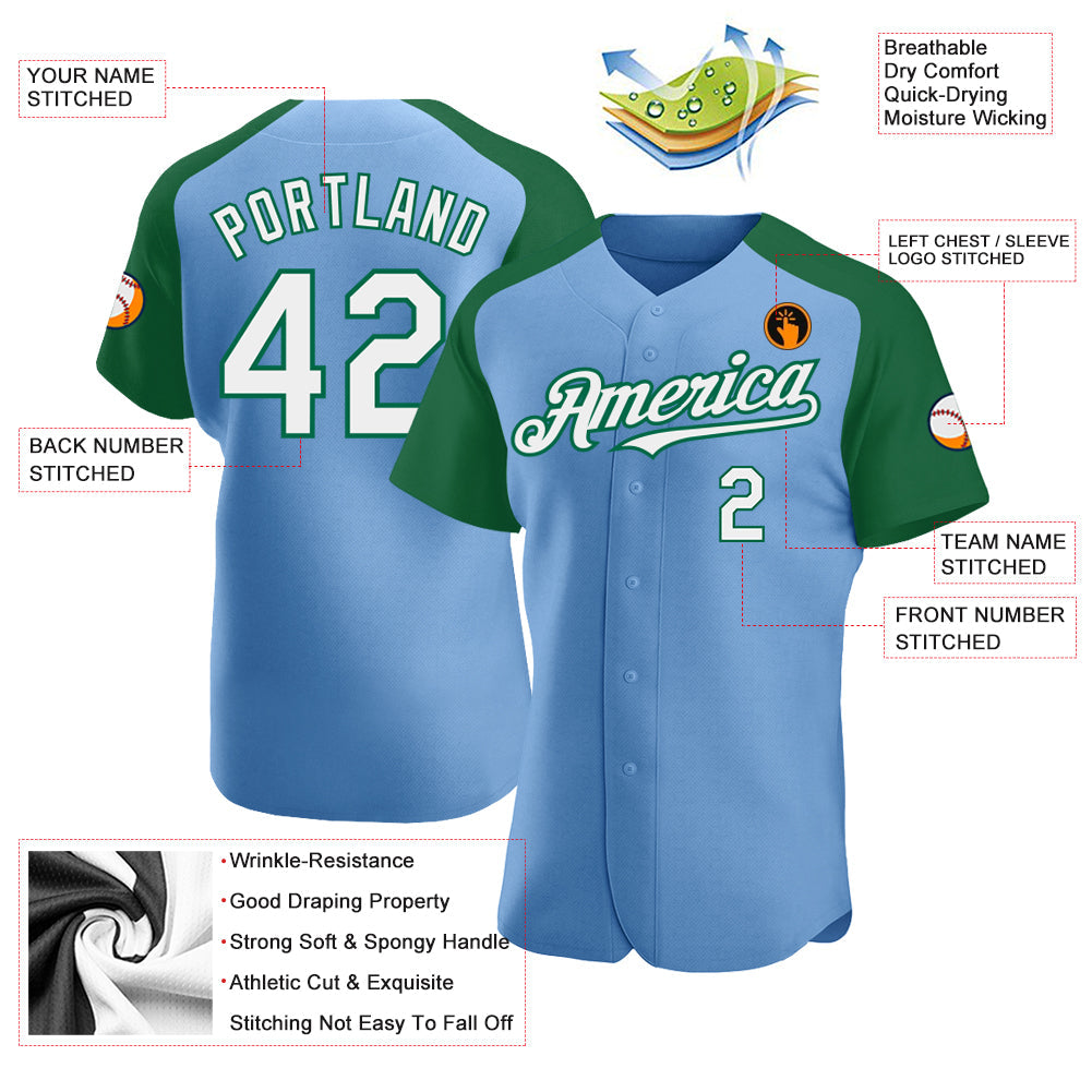 Custom Light Blue White-Kelly Green Authentic Raglan Sleeves Baseball Jersey - Sky-Custom