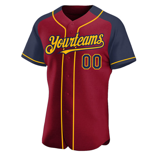 Custom Crimson Navy-Gold Authentic Raglan Sleeves Baseball Jersey - Sky-Custom