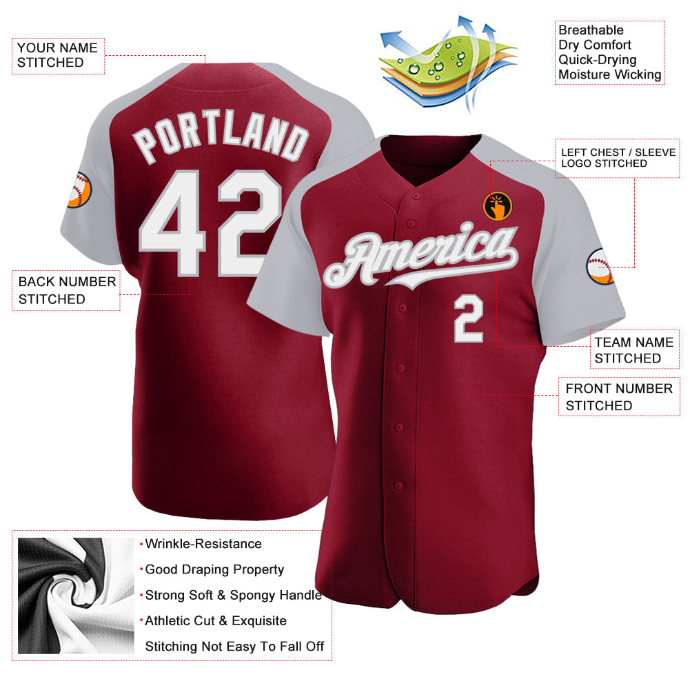 Custom Crimson White-Gray Authentic Raglan Sleeves Baseball Jersey - Sky-Custom