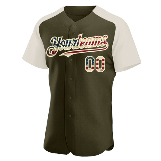 Custom Olive Vintage USA Flag-Cream Authentic Raglan Sleeves Salute To Service Baseball Jersey - Sky-Custom