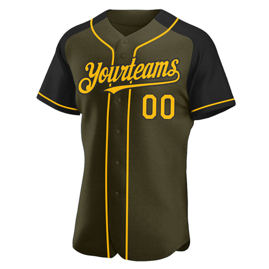 Custom Olive Gold-Black Authentic Raglan Sleeves Salute To Service Baseball Jersey - Sky-Custom