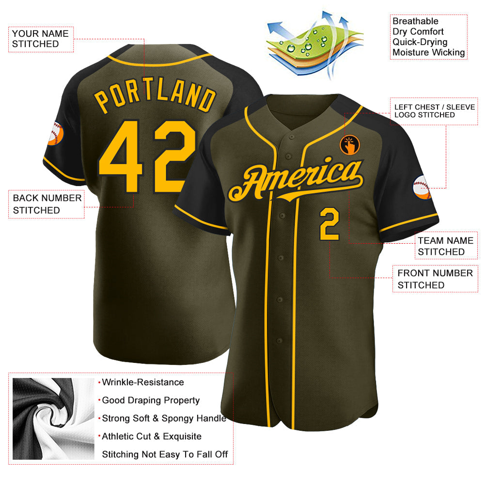 Custom Olive Gold-Black Authentic Raglan Sleeves Salute To Service Baseball Jersey - Sky-Custom