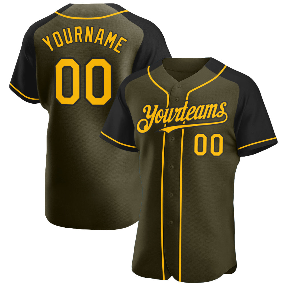 Custom Olive Gold-Black Authentic Raglan Sleeves Salute To Service Baseball Jersey - Sky-Custom