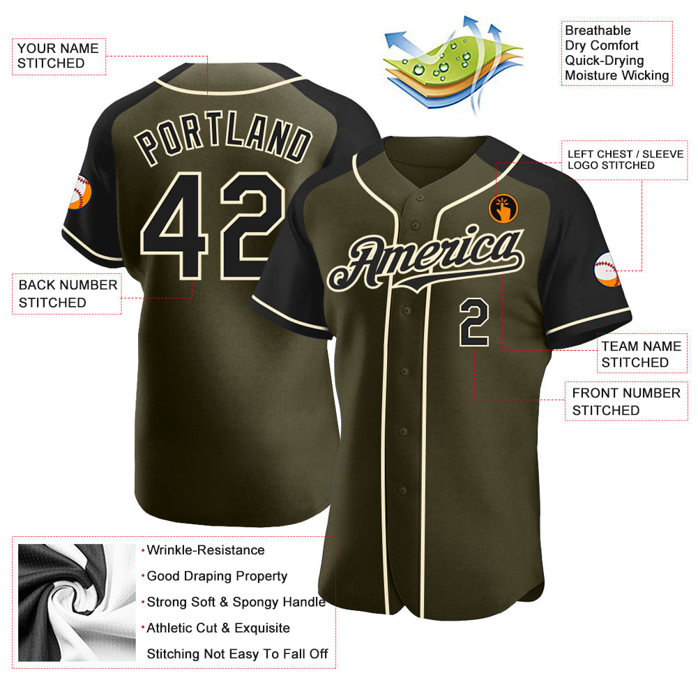 Custom Olive Black-Cream Authentic Raglan Sleeves Salute To Service Baseball Jersey - Sky-Custom