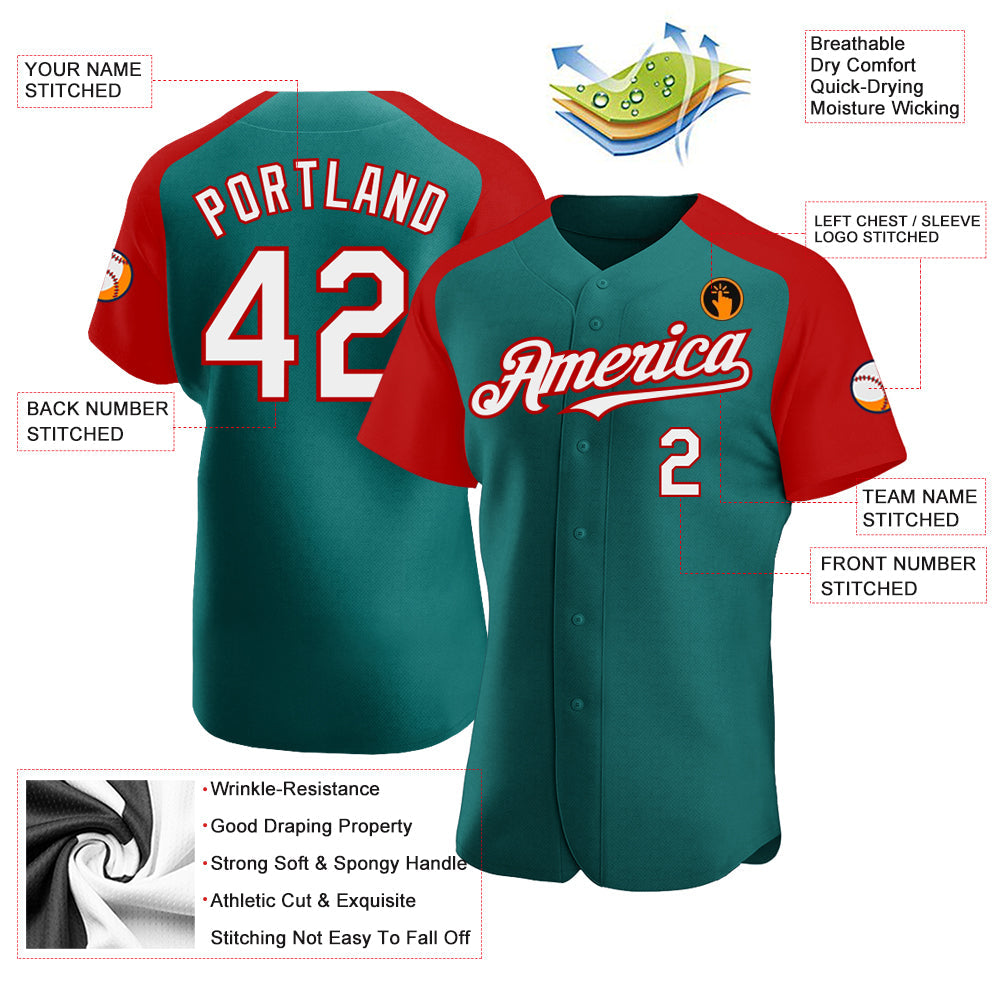 Custom Teal White-Red Authentic Raglan Sleeves Baseball Jersey - Sky-Custom