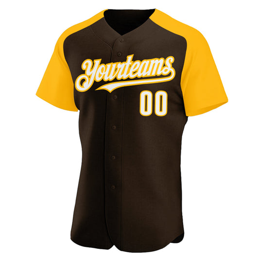 Custom Brown White-Gold Authentic Raglan Sleeves Baseball Jersey - Sky-Custom