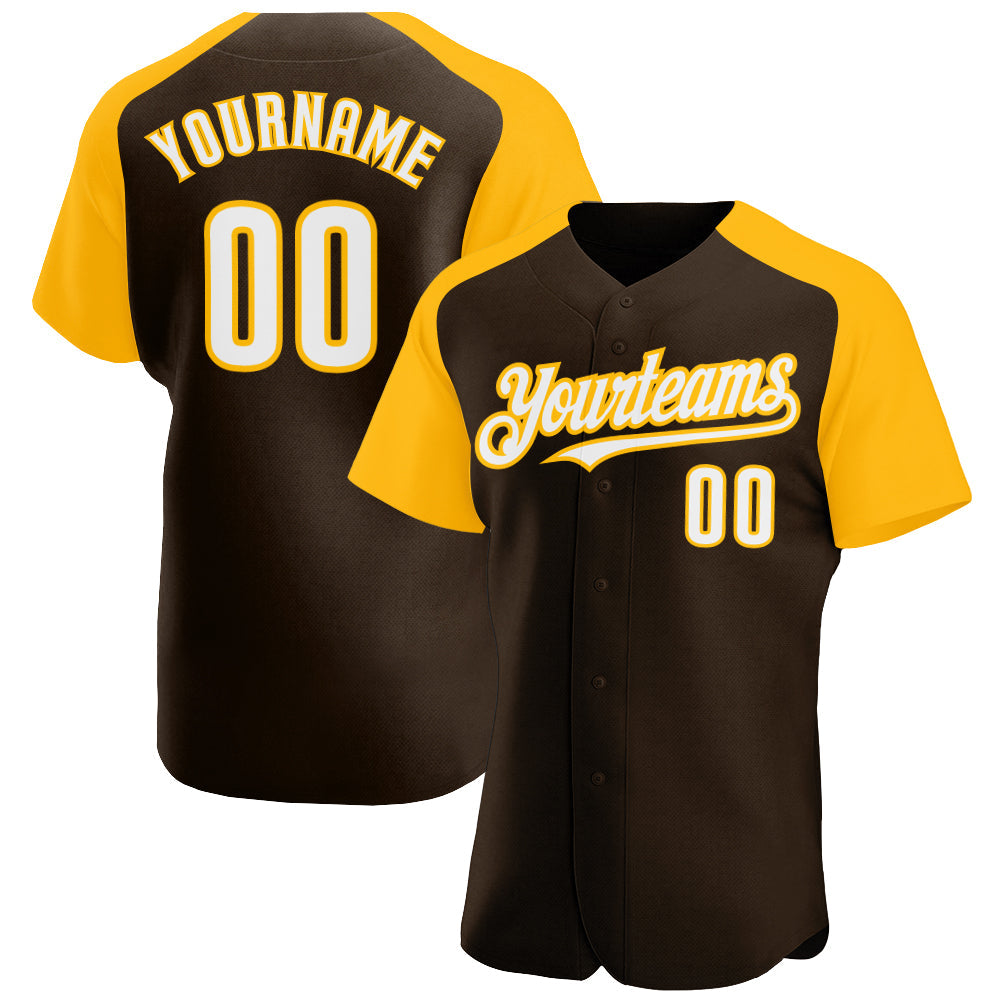 Custom Brown White-Gold Authentic Raglan Sleeves Baseball Jersey - Sky-Custom