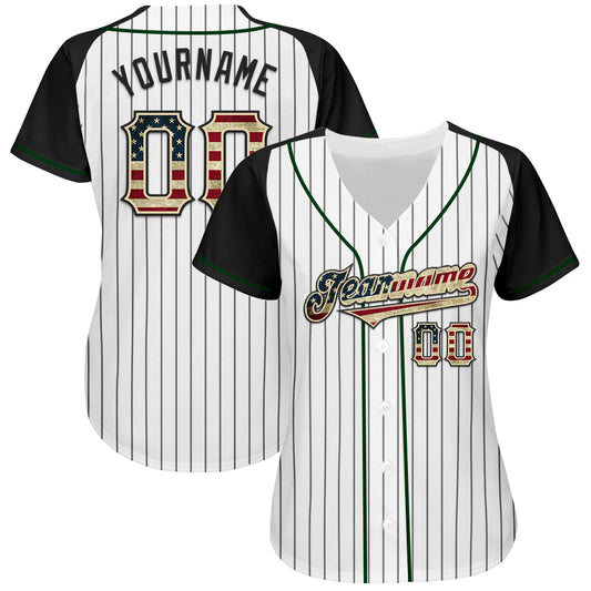 Custom White Black Pinstripe Vintage USA Flag Cream-Green Authentic Raglan Sleeves Baseball Jersey - Sky-Custom
