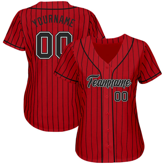 Custom Red Black Pinstripe Black-White Authentic Baseball Jersey - Sky-Custom