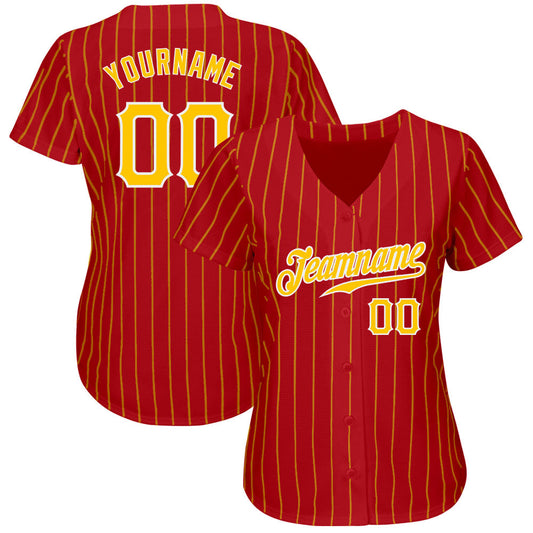 Custom Red Gold Pinstripe Gold-White Authentic Baseball Jersey - Sky-Custom