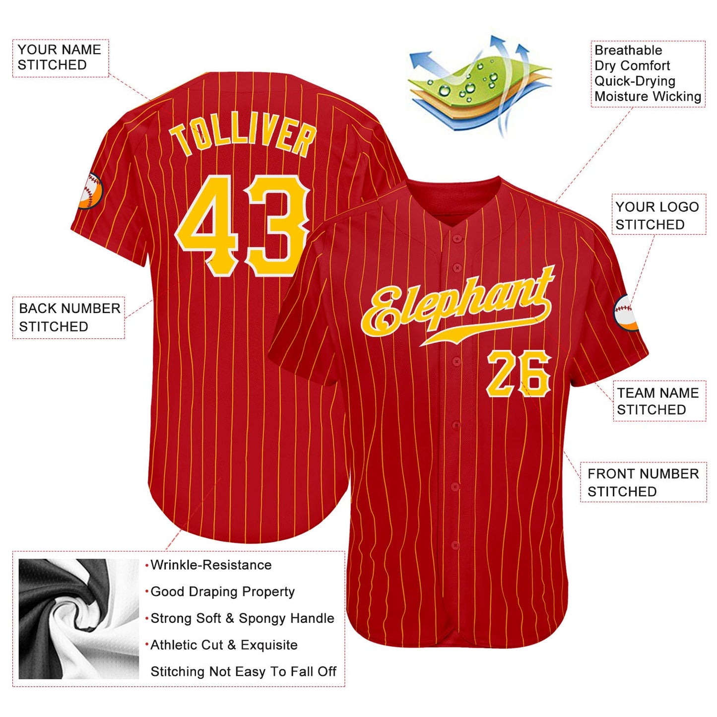 Custom Red Gold Pinstripe Gold-White Authentic Baseball Jersey - Sky-Custom