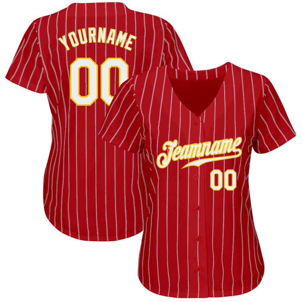 Custom Red Gold Pinstripe White-Gold Authentic Baseball Jersey - Sky-Custom
