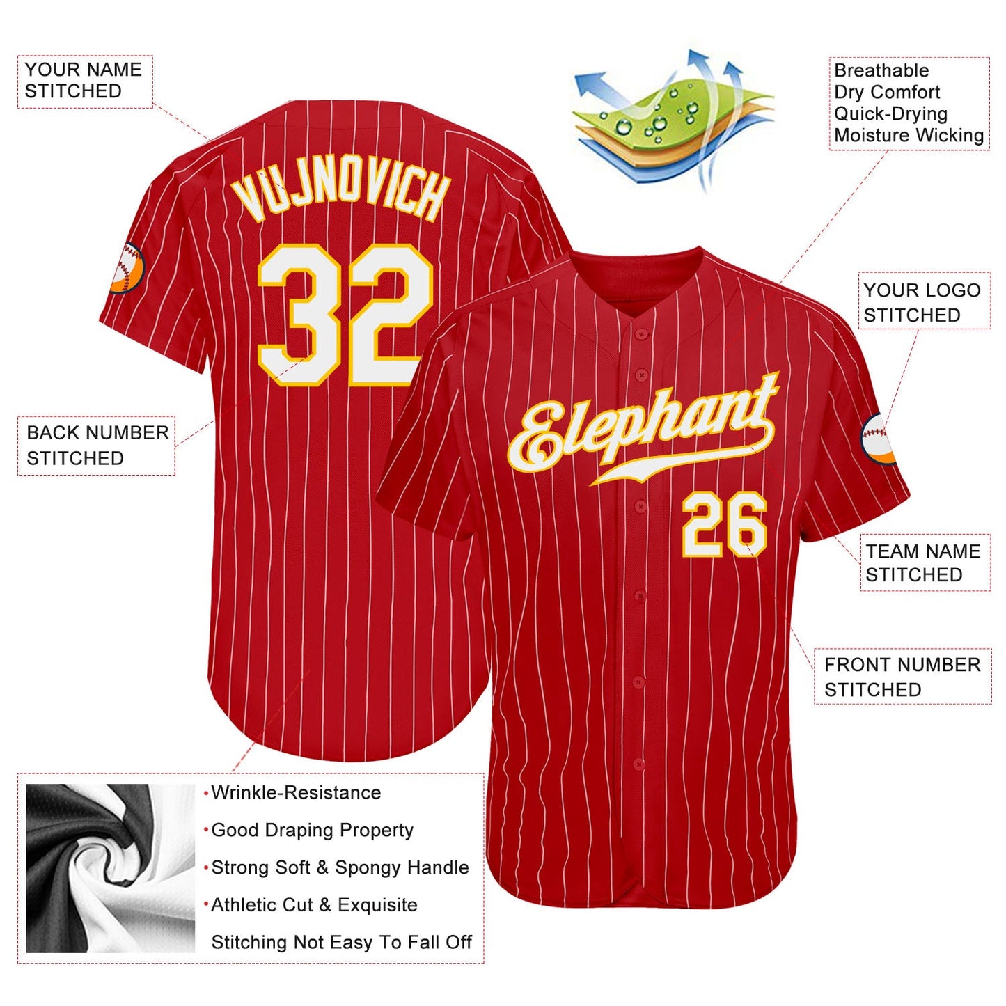 Custom Red Gold Pinstripe White-Gold Authentic Baseball Jersey - Sky-Custom