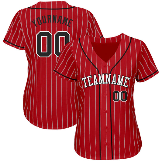 Custom Red White Pinstripe Black-White Authentic Baseball Jersey - Sky-Custom
