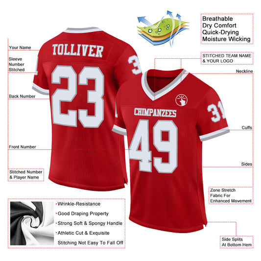 Custom Red White-Gray Mesh Authentic Throwback Football Jersey - Sky-Custom