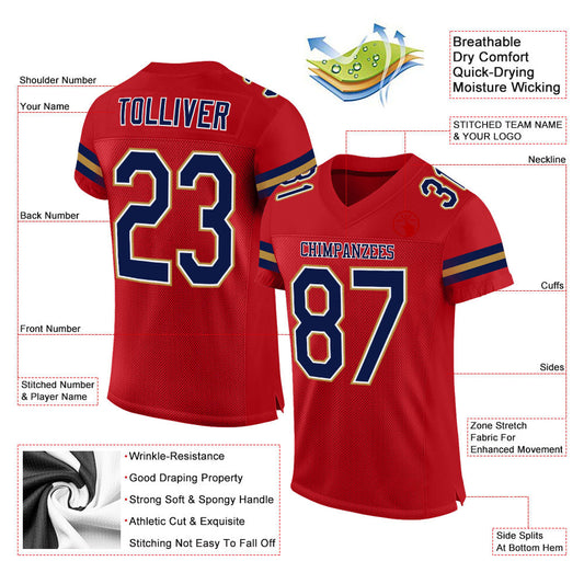 Custom Red Navy-Old Gold Mesh Authentic Football Jersey - Sky-Custom