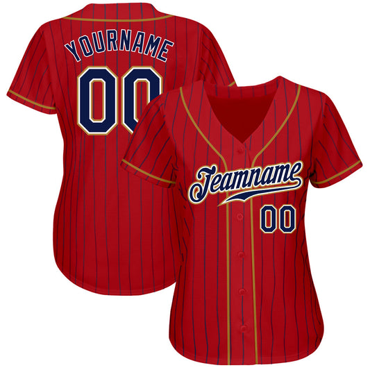 Custom Red Navy Pinstripe Navy-Old Gold Authentic Baseball Jersey - Sky-Custom