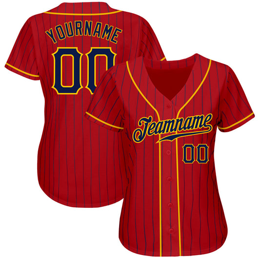 Custom Red Navy Pinstripe Navy-Gold Authentic Baseball Jersey - Sky-Custom
