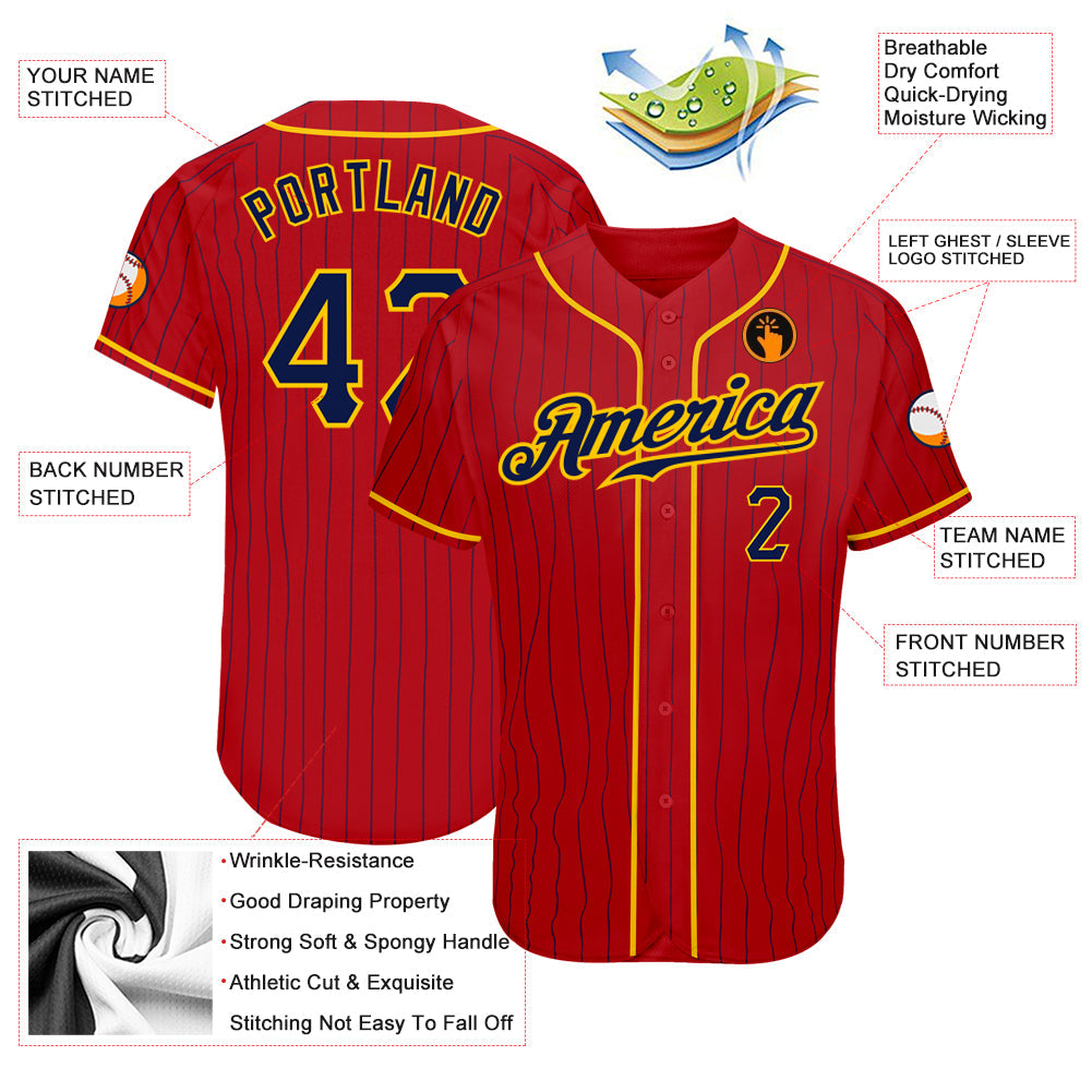Custom Red Navy Pinstripe Navy-Gold Authentic Baseball Jersey - Sky-Custom