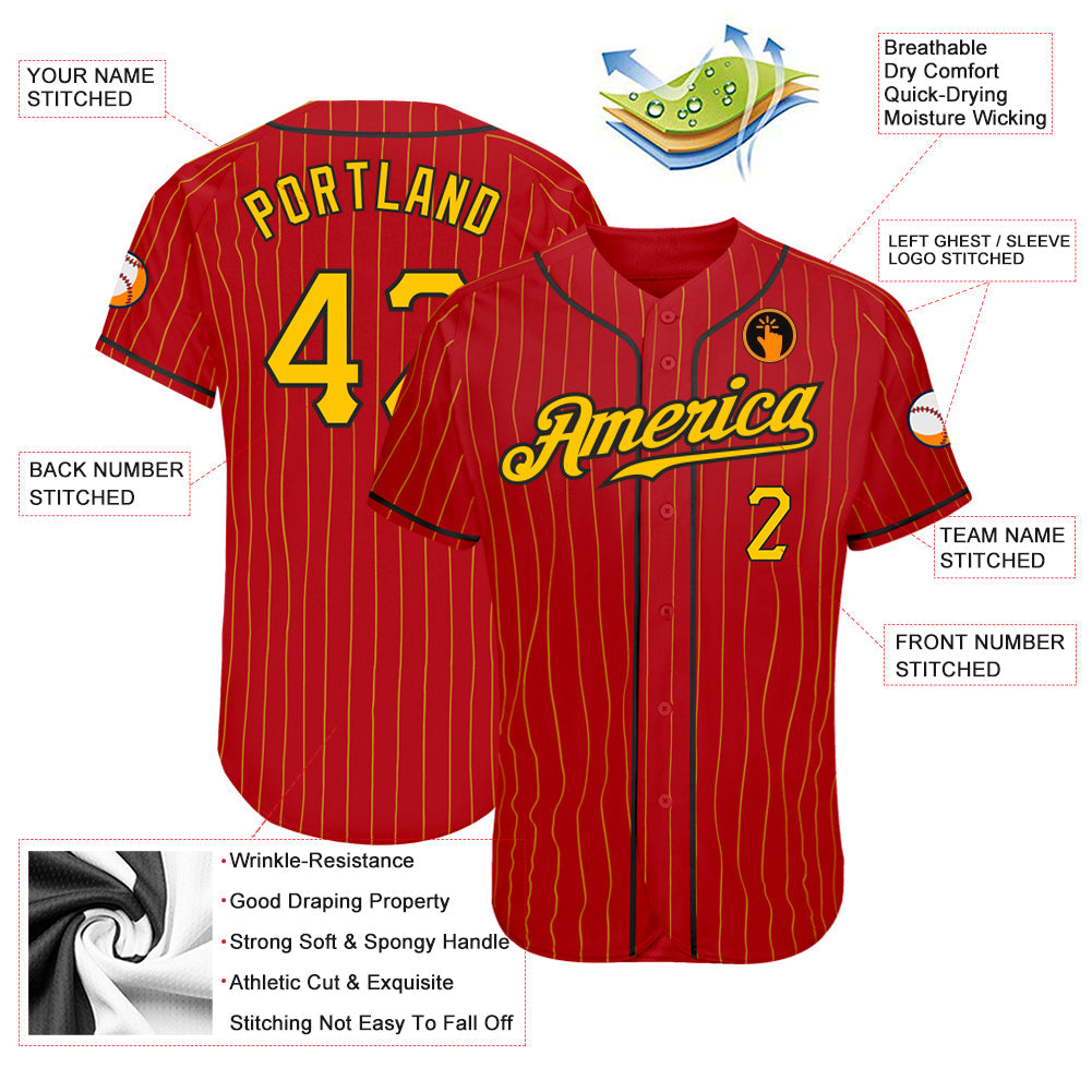 Custom Red Gold Pinstripe Gold-Black Authentic Baseball Jersey - Sky-Custom