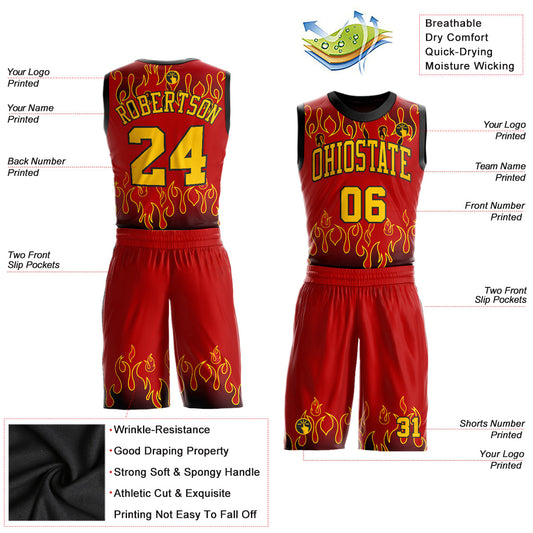 Custom Red Gold-Black Flame Round Neck Sublimation Basketball Suit Jersey - Sky-Custom