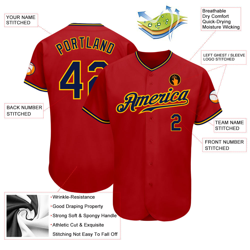 Custom Red Navy-Gold Authentic Baseball Jersey - Sky-Custom