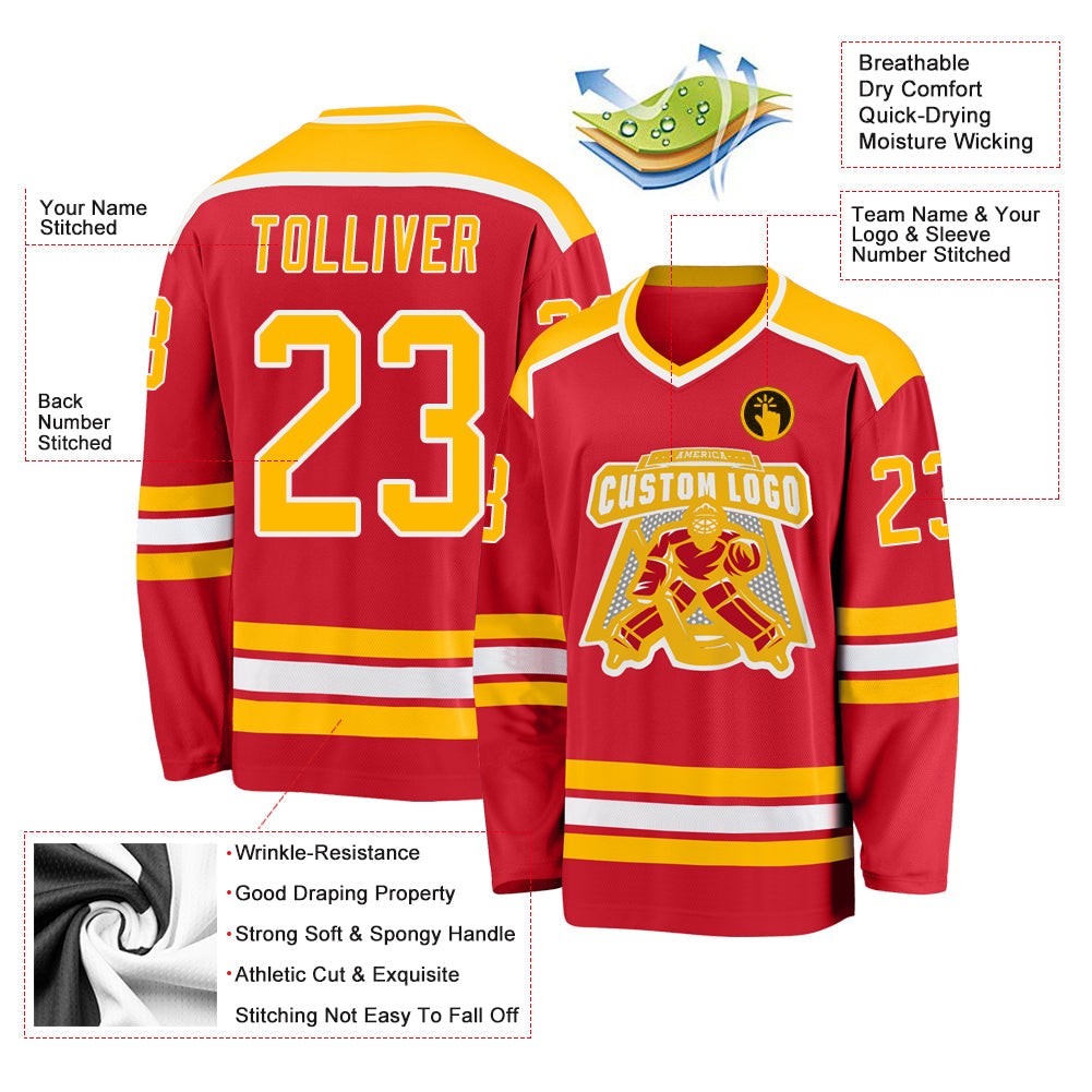Custom Red Gold-White Hockey Jersey - Sky-Custom