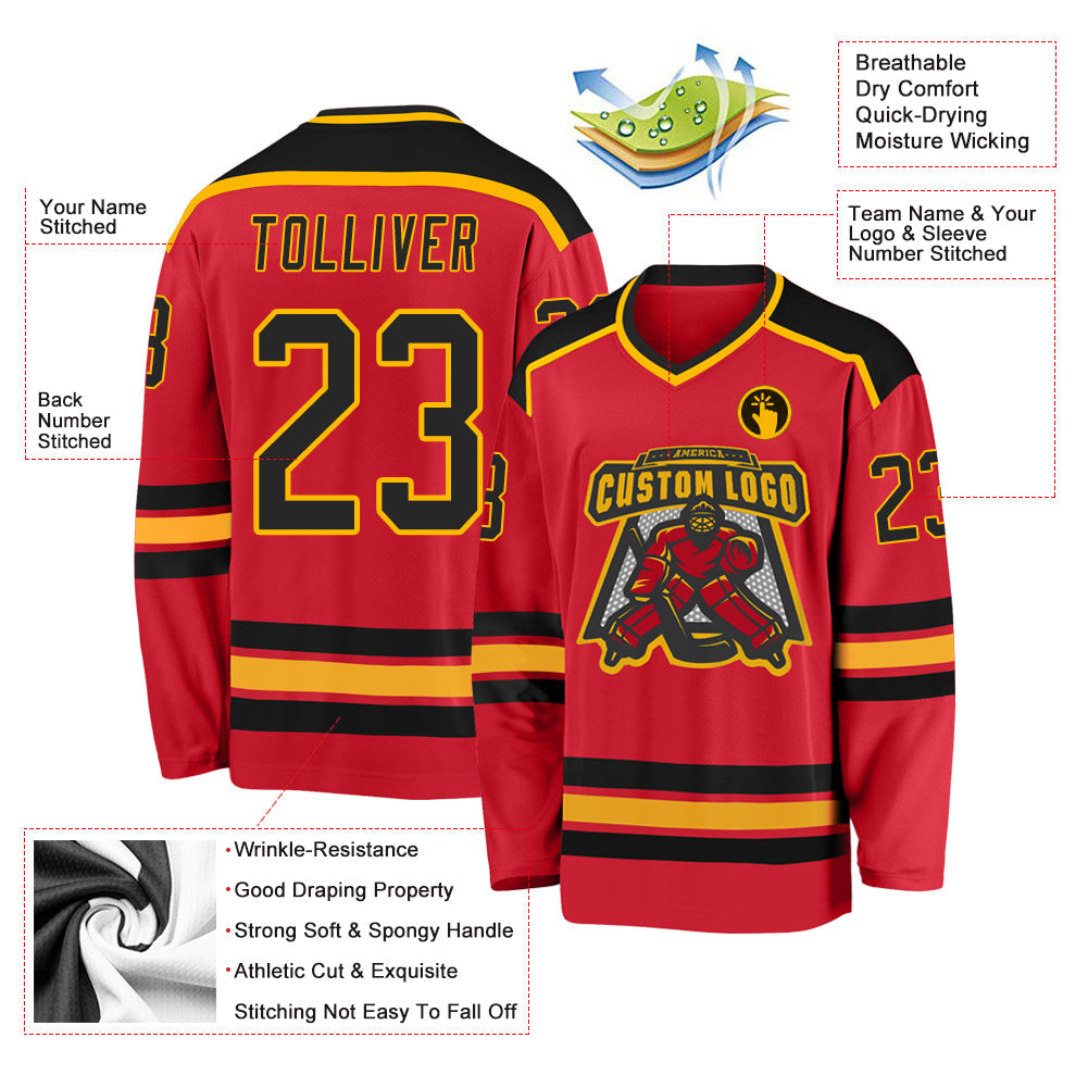 Custom Red Black-Gold Hockey Jersey - Sky-Custom