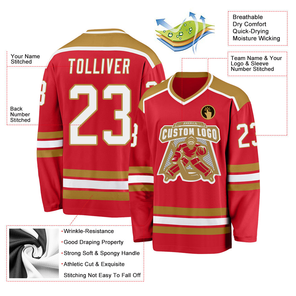 Custom Red White-Old Gold Hockey Jersey - Sky-Custom