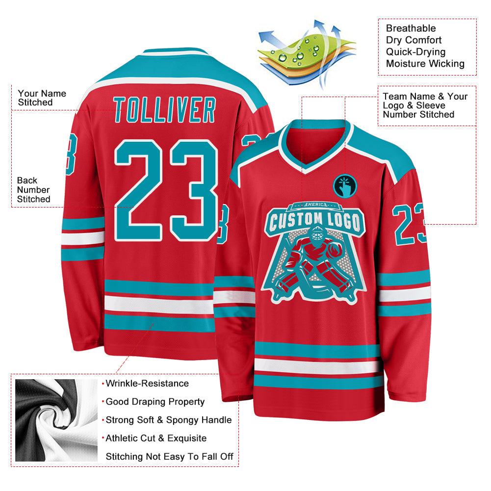 Custom Red Teal-White Hockey Jersey - Sky-Custom