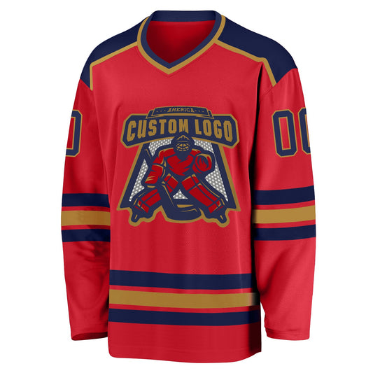 Custom Red Navy-Old Gold Hockey Jersey - Sky-Custom