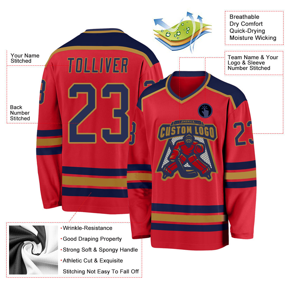 Custom Red Navy-Old Gold Hockey Jersey - Sky-Custom