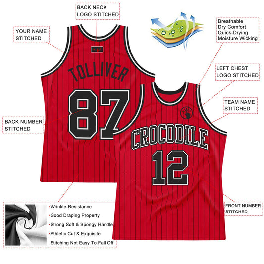 Custom Red Black Pinstripe Black-White Authentic Basketball Jersey - Sky-Custom