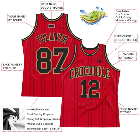 Custom Red Black Pinstripe Black-Old Gold Authentic Basketball Jersey - Sky-Custom
