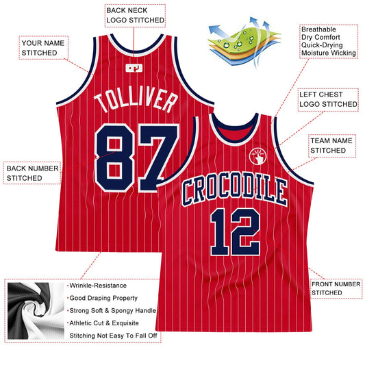 Custom Red White Pinstripe Navy-White Authentic Basketball Jersey - Sky-Custom