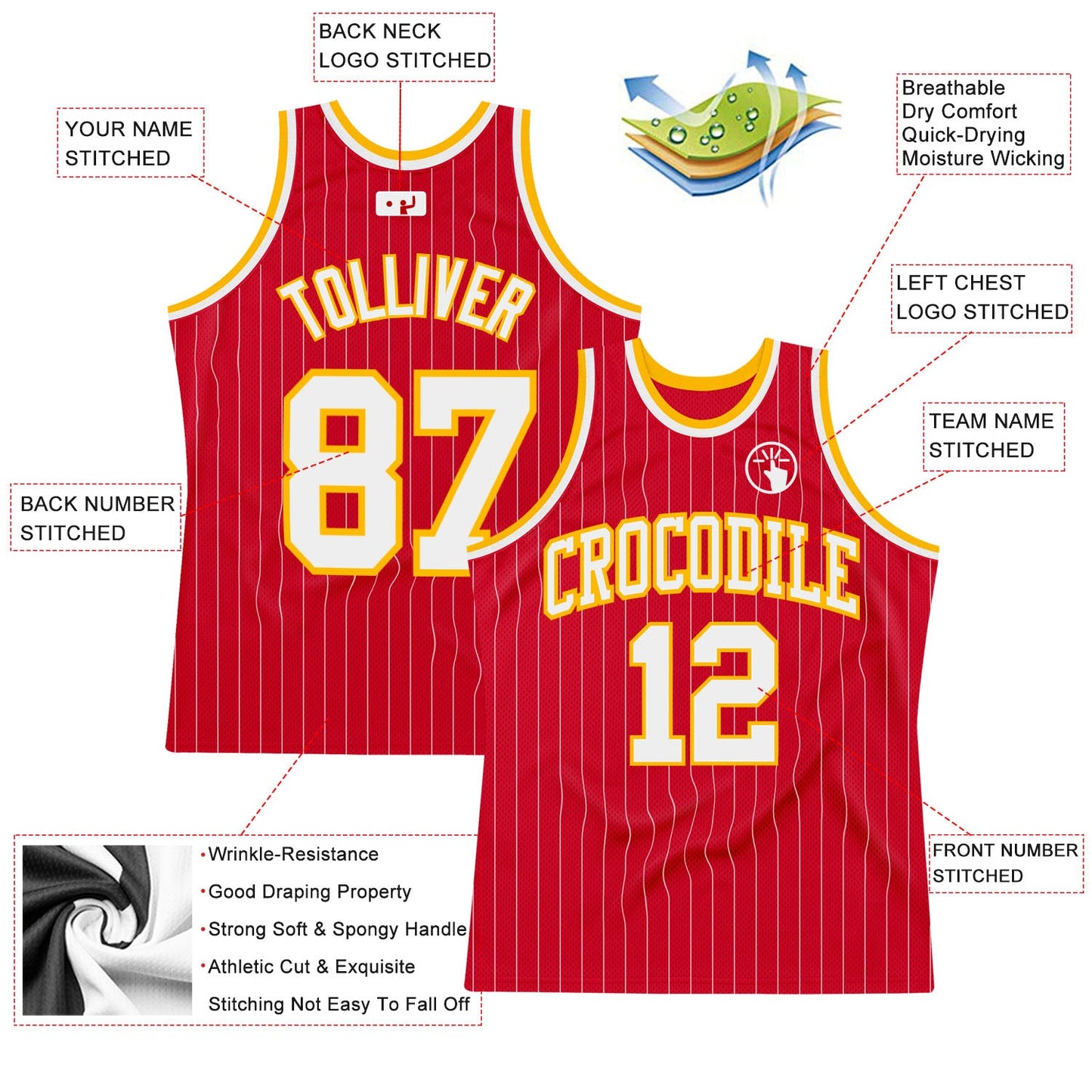 Custom Red White Pinstripe White-Gold Authentic Basketball Jersey - Sky-Custom