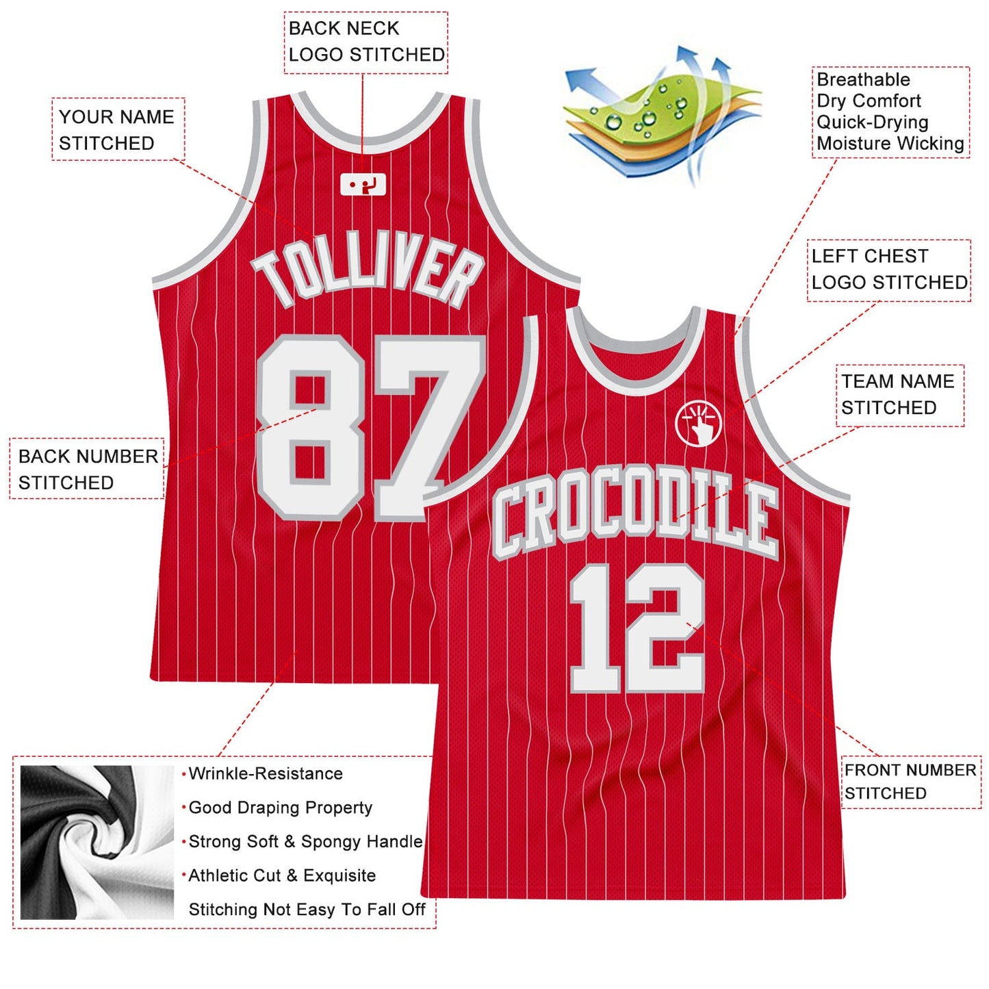 Custom Red White Pinstripe White-Gray Authentic Basketball Jersey - Sky-Custom