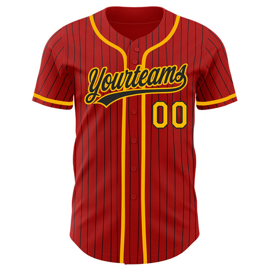 Custom Red Black Pinstripe Gold Authentic Baseball Jersey - Sky-Custom