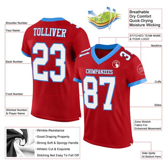 Custom Red White-Powder Blue Mesh Authentic Football Jersey - Sky-Custom