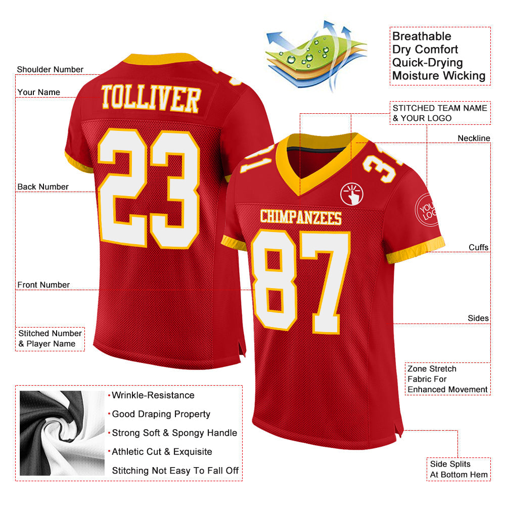 Custom Red White-Gold Mesh Authentic Football Jersey - Sky-Custom