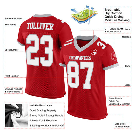 Custom Red White-Gray Mesh Authentic Football Jersey - Sky-Custom