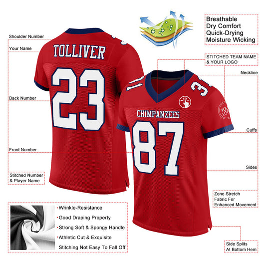 Custom Red White-Navy Mesh Authentic Football Jersey - Sky-Custom