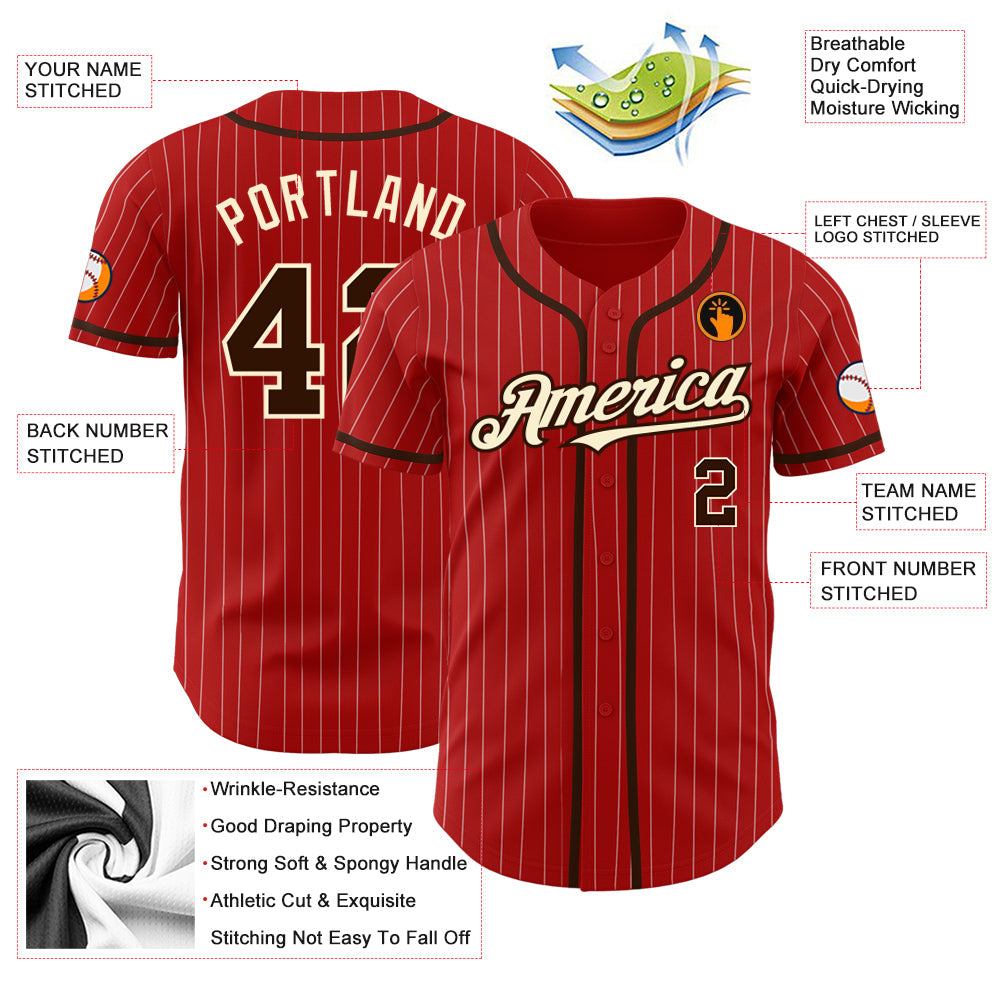 Custom Red White Pinstripe Brown-City Cream Authentic Baseball Jersey - Sky-Custom