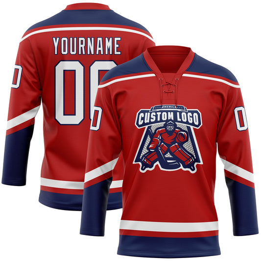 Custom Red White-Navy Hockey Lace Neck Jersey - Sky-Custom