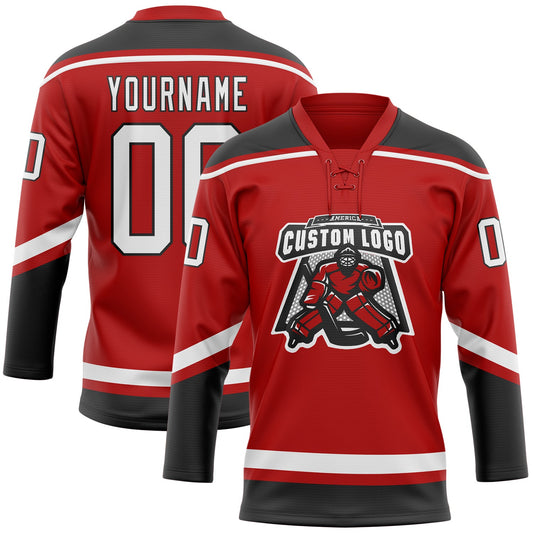 Custom Red White-Black Hockey Lace Neck Jersey - Sky-Custom