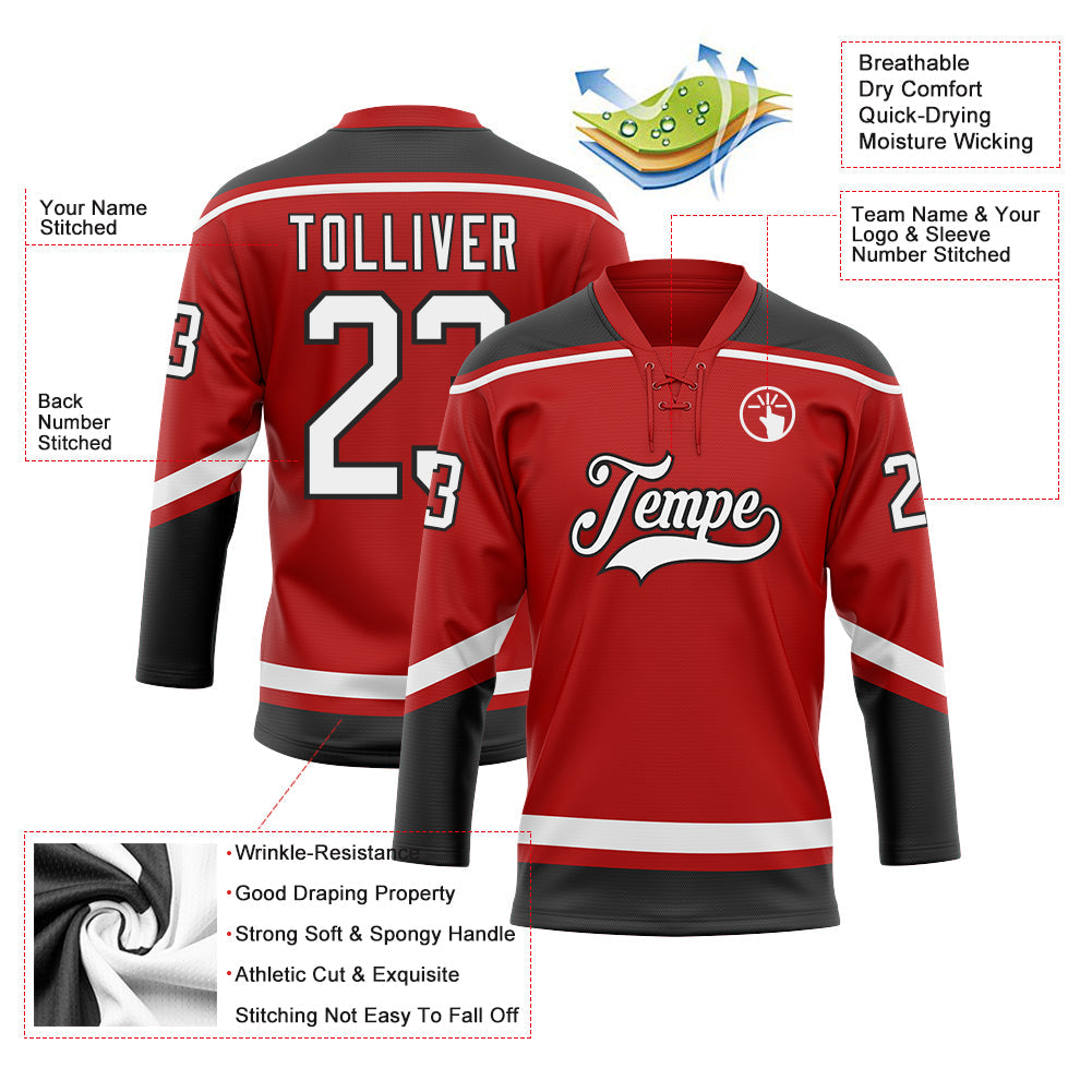 Custom Red White-Black Hockey Lace Neck Jersey - Sky-Custom
