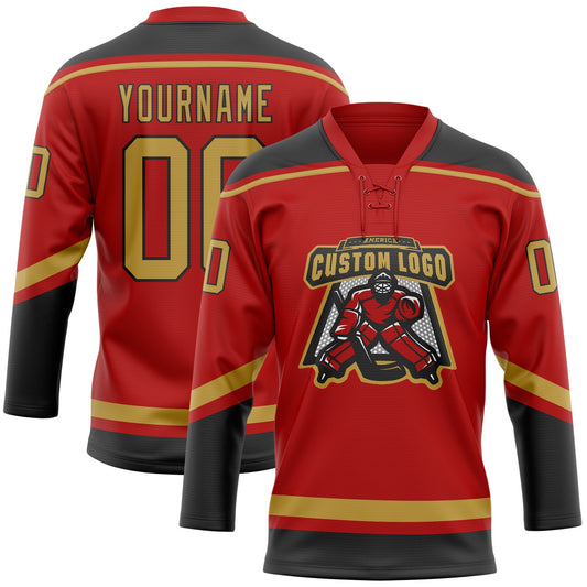 Custom Red Old Gold-Black Hockey Lace Neck Jersey - Sky-Custom