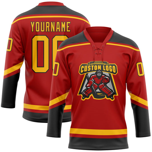 Custom Red Gold-Black Hockey Lace Neck Jersey - Sky-Custom