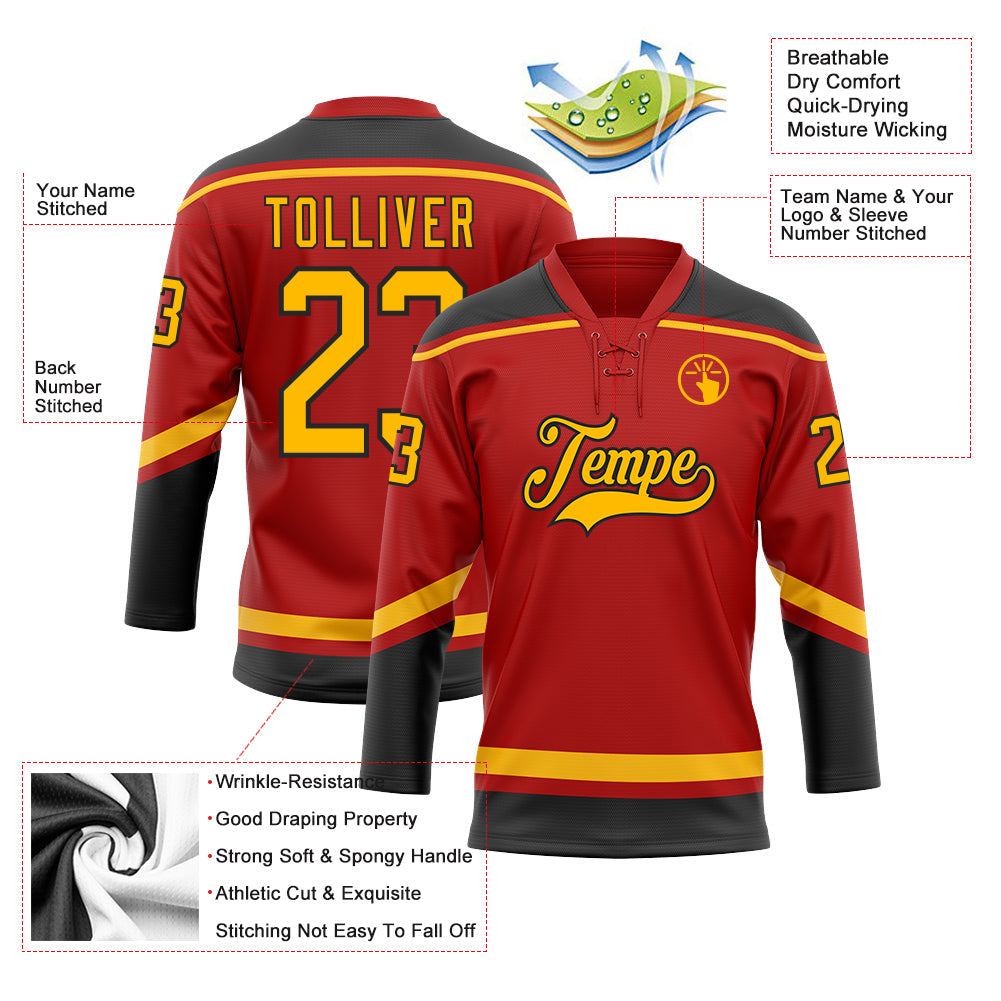 Custom Red Gold-Black Hockey Lace Neck Jersey - Sky-Custom